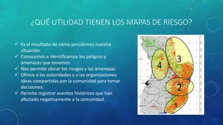 ¿QUÉ UTILIDAD TIENEN LOS MAPAS DE RIESGO?
 Es el resultado de cómo percibimos nuestra
situación.
 Conocemos e identificamos los peligros y
amenazas que tenemos.
 Nos permite ubicar los riesgos y las amenazas.
 Ofrece a las autoridades y a las organizaciones
ideas compartidas por la comunidad para tomar
decisiones.
 Permite registrar eventos históricos que han
afectado negativamente a la comunidad.
 