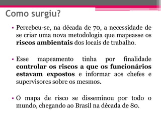 Como surgiu? 
•Percebeu-se,nadécadade70,anecessidadedesecriarumanovametodologiaquemapeasseosriscosambientaisdoslocaisdetrabalho. 
•Essemapeamentotinhaporfinalidadecontrolarosriscosaqueosfuncionáriosestavamexpostoseinformaraoschefesesupervisoressobreosmesmos. 
•Omapaderiscosedisseminouportodoomundo,chegandoaoBrasilnadécadade80.  