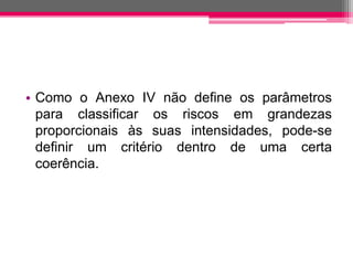 •ComooAnexoIVnãodefineosparâmetrosparaclassificarosriscosemgrandezasproporcionaisàssuasintensidades,pode-sedefinirumcritériodentrodeumacertacoerência.  