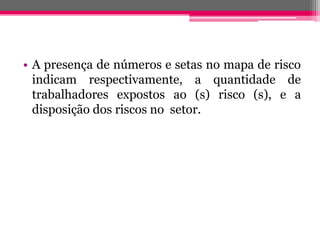 •Apresençadenúmerosesetasnomapaderiscoindicamrespectivamente,aquantidadedetrabalhadoresexpostosao(s)risco(s),eadisposiçãodosriscosnosetor. 