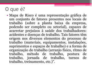 O que é? 
•MapadeRiscoéumarepresentaçãográficadeumconjuntodefatorespresentesnoslocaisdetrabalho(sobreaplantabaixadaempresa, podendosercompletoousetorial),capazesdeacarretarprejuízosàsaúdedostrabalhadores: acidentesedoençasdetrabalho.Taisfatorestêmorigemnosdiversoselementosdoprocessodetrabalho(materiais,equipamentos,instalações, suprimentoseespaçosdetrabalho)eaformadeorganizaçãodotrabalho(arranjofísico,ritmodetrabalho,métododetrabalho,posturadetrabalho,jornadadetrabalho,turnosdetrabalho,treinamento,etc.)”.  