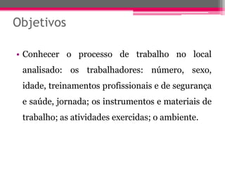 Objetivos 
•Conheceroprocessodetrabalhonolocalanalisado:ostrabalhadores:número,sexo, idade,treinamentosprofissionaisedesegurançaesaúde,jornada;osinstrumentosemateriaisdetrabalho;asatividadesexercidas;oambiente.  