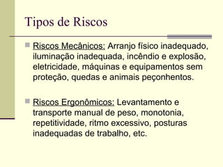 Tipos de Riscos
 Riscos Mecânicos: Arranjo físico inadequado,
  iluminação inadequada, incêndio e explosão,
  eletricidade, máquinas e equipamentos sem
  proteção, quedas e animais peçonhentos.

 Riscos Ergonômicos: Levantamento e
  transporte manual de peso, monotonia,
  repetitividade, ritmo excessivo, posturas
  inadequadas de trabalho, etc.
 