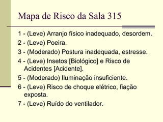 Mapa de Risco da Sala 315
1 - (Leve) Arranjo físico inadequado, desordem.
2 - (Leve) Poeira.
3 - (Moderado) Postura inadequada, estresse.
4 - (Leve) Insetos [Biológico] e Risco de
  Acidentes [Acidente].
5 - (Moderado) Iluminação insuficiente.
6 - (Leve) Risco de choque elétrico, fiação
  exposta.
7 - (Leve) Ruído do ventilador.
 