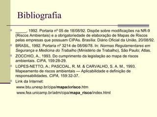 Bibliografia
 _____, 1992. Portaria nº 05 de 18/08/92. Dispõe sobre modificações na NR-9
    (Riscos Ambientais) e a obrigatoriedade de elaboração de Mapas de Riscos
    pelas empresas que possuam CIPAs. Brasília: Diário Oficial da União, 20/08/92.
   BRASIL, 1992. Portaria nº 3214 de 08/06/78. In: Normas Regulamentares em
    Segurança e Medicina do Trabalho (Ministério de Trabalho), São Paulo; Atlas.
   ZOCCHIO, A., 1993. Do cumprimento da legislação ao mapa de riscos
    ambientais. CIPA, 159:28-29.
   LOPES-NETTO, A.; PASCOAL, R. M. & CARVALHO, S. A. M., 1993.
    Mapeamento de riscos ambientais — Aplicabilidade e definição de
    responsabilidades. CIPA, 159:32-37.
   Link da Internet:
     www.btu.unesp.br/cipa/mapaderisco.htm
     www.fea.unicamp.br/adm/cipa/mapa_risco/index.html
 