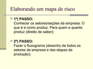 Elaborando um mapa de risco
 1º) PASSO:
 Conhecer os setores/seções da empresa: O
 que é e como produz. Para quem e quanto
 produz (direito de saber);

 2º) PASSO:
 Fazer o fluxograma (desenho de todos os
 setores da empresa e das etapas de
 produção);
 