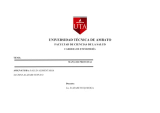 UNIVERSIDAD TÉCNICA DE AMBATO
FACULTAD DE CIENCIAS DE LA SALUD
CARRERA DE ENFERMERÍA
TEMA:
MAPAS DE PROTEINAS
ASIGNATURA: SALUD ALIMENTARIA
ALUMNA:ELIZABETH PUCO
Docente:
Lic. ELIZABETH QUIROGA
 