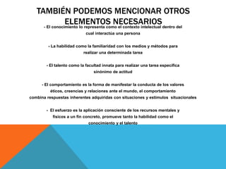 TAMBIÉN PODEMOS MENCIONAR OTROS
ELEMENTOS NECESARIOS- El conocimiento lo representa como el contexto intelectual dentro del
cual interactúa una persona
- La habilidad como la familiaridad con los medios y métodos para
realizar una determinada tarea
- El talento como la facultad innata para realizar una tarea específica
sinónimo de actitud
- El comportamiento es la forma de manifestar la conducta de los valores
éticos, creencias y relaciones ante el mundo, el comportamiento
combina respuestas inherentes adquiridas con situaciones y estímulos situacionales
- El esfuerzo es la aplicación consciente de los recursos mentales y
físicos a un fin concreto, promueve tanto la habilidad como el
conocimiento y el talento
 