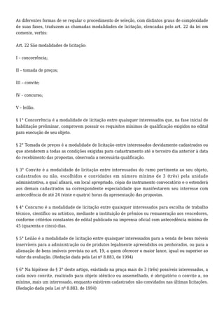 As diferentes formas de se regular o procedimento de seleção, com distintos graus de complexidade 
de suas fases, traduzem as chamadas modalidades de licitação, elencadas pelo art. 22 da lei em 
comento, verbis: 
Art. 22 São modalidades de licitação: 
I – concorrência; 
II – tomada de preços; 
III – convite; 
IV – concurso; 
V – leilão. 
§ 1° Concorrência é a modalidade de licitação entre quaisquer interessados que, na fase inicial de 
habilitação preliminar, comprovem possuir os requisitos mínimos de qualificação exigidos no edital 
para execução de seu objeto. 
§ 2° Tomada de preços é a modalidade de licitação entre interessados devidamente cadastrados ou 
que atenderem a todas as condições exigidas para cadastramento até o terceiro dia anterior à data 
do recebimento das propostas, observada a necessária qualificação. 
§ 3° Convite é a modalidade de licitação entre interessados do ramo pertinente ao seu objeto, 
cadastrados ou não, escolhidos e convidados em número mínimo de 3 (três) pela unidade 
administrativa, a qual afixará, em local apropriado, cópia do instrumento convocatório e o estenderá 
aos demais cadastrados na correspondente especialidade que manifestarem seu interesse com 
antecedência de até 24 (vinte e quatro) horas da apresentação das propostas. 
§ 4° Concurso é a modalidade de licitação entre quaisquer interessados para escolha de trabalho 
técnico, científico ou artístico, mediante a instituição de prêmios ou remuneração aos vencedores, 
conforme critérios constantes de edital publicado na imprensa oficial com antecedência mínima de 
45 (quarenta e cinco) dias. 
§ 5° Leilão é a modalidade de licitação entre quaisquer interessados para a venda de bens móveis 
inservíveis para a administração ou de produtos legalmente apreendidos ou penhorados, ou para a 
alienação de bens imóveis prevista no art. 19, a quem oferecer o maior lance, igual ou superior ao 
valor da avaliação. (Redação dada pela Lei nº 8.883, de 1994) 
§ 6° Na hipótese do § 3° deste artigo, existindo na praça mais de 3 (três) possíveis interessados, a 
cada novo convite, realizado para objeto idêntico ou assemelhado, é obrigatório o convite a, no 
mínimo, mais um interessado, enquanto existirem cadastrados não convidados nas últimas licitações. 
(Redação dada pela Lei nº 8.883, de 1994) 
 