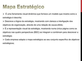 Mapa Estratégico É uma ferramenta visual dinâmica que fornece um modelo que mostra como a estratégia é descrita;