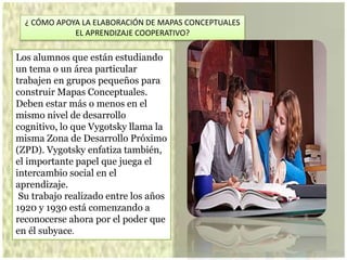 Los alumnos que están estudiando
un tema o un área particular
trabajen en grupos pequeños para
construir Mapas Conceptuales.
Deben estar más o menos en el
mismo nivel de desarrollo
cognitivo, lo que Vygotsky llama la
misma Zona de Desarrollo Próximo
(ZPD). Vygotsky enfatiza también,
el importante papel que juega el
intercambio social en el
aprendizaje.
Su trabajo realizado entre los años
1920 y 1930 está comenzando a
reconocerse ahora por el poder que
en él subyace.
¿ CÓMO APOYA LA ELABORACIÓN DE MAPAS CONCEPTUALES
EL APRENDIZAJE COOPERATIVO?
 