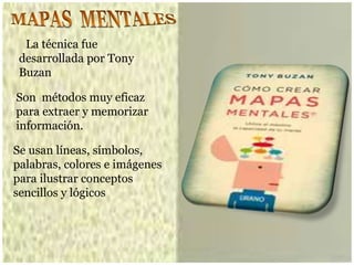 La técnica fue
desarrollada por Tony
Buzan
Son métodos muy eficaz
para extraer y memorizar
información.
Se usan líneas, símbolos,
palabras, colores e imágenes
para ilustrar conceptos
sencillos y lógicos
 