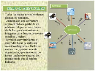 DIPTONGOS
ia
ua
ie
ue
iuui
EJEMPLO:
Todos los mapas mentales tienen
elementos comunes.
Cuentan con una estructura
orgánica radial a partir de un
núcleo en el que se usan líneas,
símbolos, palabras, colores e
imágenes para ilustrar conceptos
sencillos y lógicos.
Permiten convertir largas y
aburridas listas de datos en
coloridos diagramas, fáciles de
memorizar y perfectamente
organizados, que funcionan de
forma totalmente natural, del
mismo modo que el cerebro
humano
 