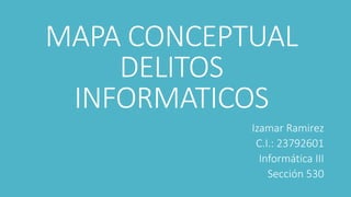 MAPA CONCEPTUAL
DELITOS
INFORMATICOS
Izamar Ramirez
C.I.: 23792601
Informática III
Sección 530
 