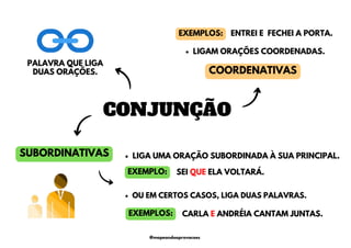 CONJUNÇÃO
COORDENATIVAS
SUBORDINATIVAS LIGA UMA ORAÇÃO SUBORDINADA À SUA PRINCIPAL.
LIGAM ORAÇÕES COORDENADAS.
PALAVRA QUE LIGA
DUAS ORAÇÕES.
EXEMPLOS: ENTREI E FECHEI A PORTA.
OU EM CERTOS CASOS, LIGA DUAS PALAVRAS.
EXEMPLO: SEI QUE ELA VOLTARÁ.
CARLA E ANDRÉIA CANTAM JUNTAS.
EXEMPLOS:
@mapeandoaprovacoes
 