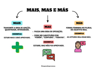 MAIS
MAS
MÁS
TRANSMITE A IDEIA DE ADIÇÃO,
QUANTIDADE, INTENSIDADE.
PASSA UMA IDEIA DE OPOSIÇÃO.
PODE SER SUBSTITUÍDO POR
"PORÉM", "CONTUDO", "TODAVIA".
FORMA FEMININA NO PLURAL
DO ADJETIVO MAU.
AS ATITUDES DELA ERAM MÁS.
ESTUDEI, MAS NÃO FUI APROVADO.
ESTUDE MAIS E SERÁ APROVADO.
MAIS, MAS E MÁS
EXEMPLO:
EXEMPLO: EXEMPLO:
@mapeandoaprovacoes
 