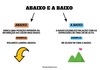 ABAIXO A BAIXO
ABAIXO E A BAIXO
INDICA UMA POSIÇÃO INFERIOR OU
EM DIREÇÃO AO LUGAR MAIS BAIXO.
A BAIXO ESTABELECE RELAÇÃO COM AS
EXPRESSÕES DE CIMA OU DE ALTO.
ME OLHOU DE CIMA A BAIXO.
ROLAMOS LADEIRA ABAIXO.
EXEMPLO: EXEMPLO:
@mapeandoaprovacoes
 