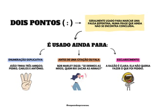DOIS PONTOS ( : )
GERALMENTE USADO PARA MARCAR UMA
PAUSA REPENTINA, NUMA FRASE QUE AINDA
NÃO SE ENCONTRA CONCLUÍDA.
É USADO AINDA PARA:
ENUMERAÇÃO EXPLICATIVA ANTES DE UMA CITAÇÃO OU FALA ESCLARECIMENTO
A RAZÃO É CLARA: ELA NÃO QUERIA
FAZER O QUE FOI PEDIDO.
BOB MARLEY DISSE: "SE DERMOS AS
MÃOS, QUEM IRÁ SACAR AS ARMAS?"
JOÃO TINHA TRÊS AMIGOS:
PEDRO, CARLOS E ANTÔNIO.
@mapeandoaprovacoes
 