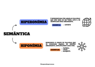 É REPRESENTADA POR AQUELAS PALAVRAS
QUE DÃO IDEIA DE UM TODO, ISTO É, DE
SIGNIFICADO MAIS ABRANGENTE.
REPRESENTA O GRUPO DE PALAVRAS QUE
SE ASSOCIAM ÀQUELA DE SENTIDO
ABRANGENTE, ESPECIFICANDO CADA ITEM.
HIPONÍMIA
HIPERONÍMIA
SEMÂNTICA
ESPORTE
EXEMPLO:
FUTEBOL;
VÔLEI;
BASQUETE.
EXEMPLOS:
@mapeandoaprovacoes
 