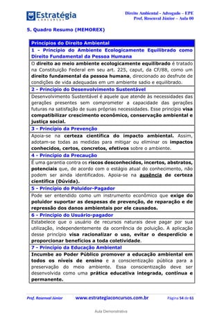 Direito Ambiental - Advogado – EPE
Prof. Rosenval Júnior – Aula 00
Prof. Rosenval Júnior www.estrategiaconcursos.com.br Página 54 de 61
5. Quadro Resumo (MEMOREX)
Princípios do Direito Ambiental
1 - Princípio do Ambiente Ecologicamente Equilibrado como
Direito Fundamental da Pessoa Humana
O direito ao meio ambiente ecologicamente equilibrado é tratado
na Constituição Federal em seu art. 225, caput, da CF/88, como um
direito fundamental da pessoa humana, direcionado ao desfrute de
condições de vida adequadas em um ambiente sadio e equilibrado.
2 - Princípio do Desenvolvimento Sustentável
Desenvolvimento Sustentável é aquele que atende às necessidades das
gerações presentes sem comprometer a capacidade das gerações
futuras na satisfação de suas próprias necessidades. Esse princípio visa
compatibilizar crescimento econômico, conservação ambiental e
justiça social.
3 - Princípio da Prevenção
Apoia-se na certeza científica do impacto ambiental. Assim,
adotam-se todas as medidas para mitigar ou eliminar os impactos
conhecidos, certos, concretos, efetivos sobre o ambiente.
4 - Princípio da Precaução
É uma garantia contra os riscos desconhecidos, incertos, abstratos,
potenciais que, de acordo com o estágio atual do conhecimento, não
podem ser ainda identificados. Apoia-se na ausência de certeza
científica (Dúvida).
5 - Princípio do Poluidor-Pagador
Pode ser entendido como um instrumento econômico que exige do
poluidor suportar as despesas de prevenção, de reparação e de
repressão dos danos ambientais por ele causados.
6 - Princípio do Usuário-pagador
Estabelece que o usuário de recursos naturais deve pagar por sua
utilização, independentemente da ocorrência de poluição. A aplicação
desse princípio visa racionalizar o uso, evitar o desperdício e
proporcionar benefícios a toda coletividade.
7 - Princípio da Educação Ambiental
Incumbe ao Poder Público promover a educação ambiental em
todos os níveis de ensino e a conscientização pública para a
preservação do meio ambiente. Essa conscientização deve ser
desenvolvida como uma prática educativa integrada, contínua e
permanente.
0
Aula Demonstrativa
 