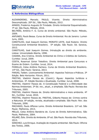 Direito Ambiental - Advogado – EPE
Prof. Rosenval Júnior – Aula 00
Prof. Rosenval Júnior www.estrategiaconcursos.com.br Página 57 de 61
6. Referências Bibliográficas
ALEXANDRINO, Marcelo. PAULO, Vicente. Direito Administrativo
Descomplicado. 20ª Ed., São Paulo, Método, 2012.
AMADO, Frederico Augusto Di Trindade. Direito Ambiental Esquematizado.
7ª ed. São Paulo, Método, 2016.
BELTRÃO, Antônio F. G. Curso de direito ambiental. São Paulo: Método,
2009.
ANTUNES, Paulo Bessa. Curso de Direito Ambiental. Rio de Janeiro: Lumen
Juris, 2005.
CANOTILHO, José Joaquim Gomes; MORATO LEITE, José Rubens: Direito
Constitucional Ambiental Brasileiro. 5ª edição. São Paulo: Ed. Saraiva,
2012.
CANOTILHO, José Joaquim Gomes. Introdução ao direito do ambiente.
Lisboa: Universidade Aberta, 1998.
CASARA, Ana Cristina. Direito Ambiental do Clima e Créditos de Carbono.
Curitiba: Juruá, 2009.
COSTA, Rosenval Júnior Telesforo. Direito Ambiental para Concursos e
Exame de Ordem. Curitiba: Juruá, 2014.
FIORILLO, Celso Antônio Pacheco. Curso de Direito Ambiental Brasileiro.
14ª Ed., São Paulo: Saraiva, 2013.
FARIAS, Talden. Licenciamento Ambiental: Aspectos Teóricos e Práticos. 3ª
Edição. Belo Horizonte: Fórum, 2011.
FREITAS, Vladimir Passos de. (Coord.). Águas: Aspectos Jurídicos e
Ambientais. 3ª. Edição Revista e Atualizada. Curitiba: Juruá, 2008.
FREITAS, Vladimir Passos de. A Constituição Federal e a Efetividade das
Normas Ambientais. 3ª Ed. rev., atual., e ampliada. São Paulo: Revista dos
Tribunais, 2005.
FREITAS, Vladimir Passos de. Direito Administrativo e meio ambiente. 4ª
Ed., Curitiba: Juruá, 2010.
FREITAS, Vladimir Passos de. FREITAS, Gilberto Passos de: Crimes contra
a Natureza. 8ª edição, revista, atualizada e ampliada. São Paulo: Rev. dos
Tribunais, 2006.
MACHADO, Paulo Affonso Leme. Direito Ambiental Brasileiro. 21ª ed. São
Paulo: Malheiros, 2013.
MELLO, Celso Antônio Bandeira de. Curso de Direito Administrativo. São
Paulo, Malheiros, 2004.
MILARÉ, Édis. Direito do Ambiente. 8ª ed. São Paulo: Revista dos Tribunais,
2013.
SÁNCHEZ, Luis Enrique. Avaliação de impacto ambiental. São Paulo: Oficina
dos Textos, 2006.
0
Aula Demonstrativa
 