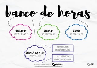 semanal
ESCALA 12 X 36
MENSAL ANUAL
PERMITIDO POR
ACORDO INDIVIDUAL
JÁ COMPENSADO
DOMINGOS E FERIADOS
ART. 59, § 6º DA CLT
ART. 59-A DA CLT
ART. 59, § 5º DA CLT ART. 59, § 2º DA CLT
banco de horas
Downloaded by cleurrane Marques (cleurrane.marques@gmail.com)
lOMoARcPSD|19347446
 