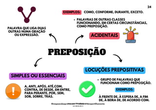 PREPOSIÇÃO
SIMPLES OU ESSENCIAIS
ACIDENTAIS
LOCUÇÕES PREPOSITIVAS
PALAVRAS DE OUTRAS CLASSES
FUNCIONANDO, EM CERTAS CIRCUNSTÂNCIAS,
COMO PREPOSIÇÃO.
GRUPO DE PALAVRAS QUE
FUNCIONAM COMO PREPOSIÇÃO.
A, ANTI, APÓS, ATÉ,COM,
CONTRA, DE DESDE, EM ENTRE,
PARA PERANTE, POR, SEM,
SOB, SOBRE, TRÁS.
PALAVRA QUE LIGA DUAS
OUTRAS NUMA ORAÇÃO
OU EXPRESSÃO.
COMO, CONFORME, DURANTE, EXCETO.
EXEMPLOS:
À FRENTE DE, À ESPERA DE, A FIM
DE, À BEIRA DE, DE ACORDO COM.
EXEMPLOS:
24
@mapeandoaprovacoes | Proibido o compartilhamento
Nome: Leandro Paz Rodrigues da Silva
Cpf: 006.024.303-13
 