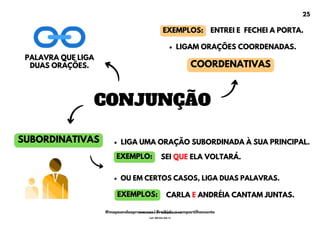 CONJUNÇÃO
COORDENATIVAS
SUBORDINATIVAS LIGA UMA ORAÇÃO SUBORDINADA À SUA PRINCIPAL.
LIGAM ORAÇÕES COORDENADAS.
PALAVRA QUE LIGA
DUAS ORAÇÕES.
EXEMPLOS: ENTREI E FECHEI A PORTA.
OU EM CERTOS CASOS, LIGA DUAS PALAVRAS.
EXEMPLO: SEI QUE ELA VOLTARÁ.
CARLA E ANDRÉIA CANTAM JUNTAS.
EXEMPLOS:
25
@mapeandoaprovacoes | Proibido o compartilhamento
Nome: Leandro Paz Rodrigues da Silva
Cpf: 006.024.303-13
 