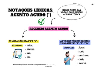 NOTAÇÕES LÉXICAS:
ACENTO AGUDO (´)
USADO ACIMA DAS
VOGAIS PARA INDICAR
A SÍLABA TÔNICA
AS VOGAIS TÔNICAS ABERTAS
E SEMI-ABERTAS "A", "E" E "O".
RECEBEM ACENTO AGUDO
AS VOGAIS TÔNICAS "I" E "U".
DIFÍCIL;
SÍNTESE;
BAÚ;
ÚTIL.
EXEMPLOS:
ÁGUA;
SOFÁ;
SINTÉTICO;
CAFÉ;
PALETÓ.
EXEMPLOS:
41
@mapeandoaprovacoes | Proibido o compartilhamento
Nome: Leandro Paz Rodrigues da Silva
Cpf: 006.024.303-13
 