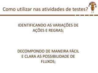 Como utilizar nas atividades de testes?
IDENTIFICANDO AS VARIAÇÕES DE
AÇÕES E REGRAS;
DECOMPONDO DE MANEIRA FÁCIL
E CLARA AS POSSIBILIDADE DE
FLUXOS;
 
