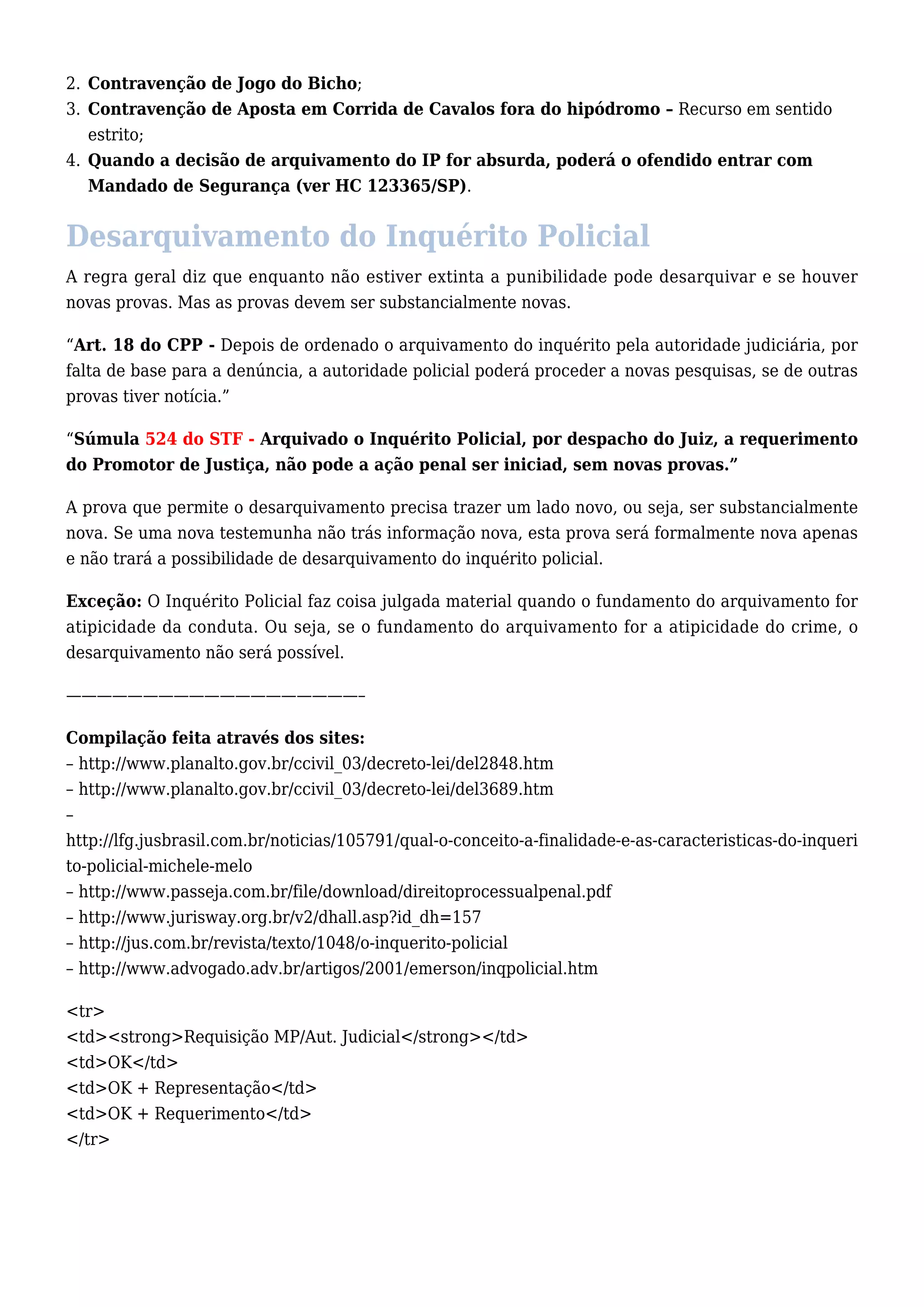 2. Contravenção de Jogo do Bicho; 
3. Contravenção de Aposta em Corrida de Cavalos fora do hipódromo – Recurso em sentido 
estrito; 
4. Quando a decisão de arquivamento do IP for absurda, poderá o ofendido entrar com 
Mandado de Segurança (ver HC 123365/SP). 
Desarquivamento do Inquérito Policial 
A regra geral diz que enquanto não estiver extinta a punibilidade pode desarquivar e se houver 
novas provas. Mas as provas devem ser substancialmente novas. 
“Art. 18 do CPP - Depois de ordenado o arquivamento do inquérito pela autoridade judiciária, por 
falta de base para a denúncia, a autoridade policial poderá proceder a novas pesquisas, se de outras 
provas tiver notícia.” 
“Súmula 524 do STF - Arquivado o Inquérito Policial, por despacho do Juiz, a requerimento 
do Promotor de Justiça, não pode a ação penal ser iniciad, sem novas provas.” 
A prova que permite o desarquivamento precisa trazer um lado novo, ou seja, ser substancialmente 
nova. Se uma nova testemunha não trás informação nova, esta prova será formalmente nova apenas 
e não trará a possibilidade de desarquivamento do inquérito policial. 
Exceção: O Inquérito Policial faz coisa julgada material quando o fundamento do arquivamento for 
atipicidade da conduta. Ou seja, se o fundamento do arquivamento for a atipicidade do crime, o 
desarquivamento não será possível. 
———————————————————– 
Compilação feita através dos sites: 
– http://www.planalto.gov.br/ccivil_03/decreto-lei/del2848.htm 
– http://www.planalto.gov.br/ccivil_03/decreto-lei/del3689.htm 
– 
http://lfg.jusbrasil.com.br/noticias/105791/qual-o-conceito-a-finalidade-e-as-caracteristicas-do-inqueri 
to-policial-michele-melo 
– http://www.passeja.com.br/file/download/direitoprocessualpenal.pdf 
– http://www.jurisway.org.br/v2/dhall.asp?id_dh=157 
– http://jus.com.br/revista/texto/1048/o-inquerito-policial 
– http://www.advogado.adv.br/artigos/2001/emerson/inqpolicial.htm 
<tr> 
<td><strong>Requisição MP/Aut. Judicial</strong></td> 
<td>OK</td> 
<td>OK + Representação</td> 
<td>OK + Requerimento</td> 
</tr> 
 