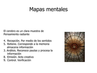Mapas mentales El cerebro es un clara muestra de  Pensamiento radiante Recepción. Por medio de los sentidos Retiene. Corresponde a la memoria almacena información 3. Análisis. Reconoce pautas y procesa la información Emisión. Acto creativo  Control. Verificación 