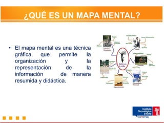 ¿QUÉ ES UN MAPA MENTAL?
• El mapa mental es una técnica
gráfica que permite la
organización y la
representación de la
información de manera
resumida y didáctica.