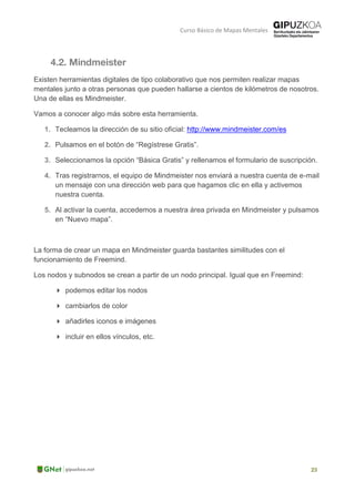 Curso Básico de Mapas Mentales




Existen herramientas digitales de tipo colaborativo que nos permiten realizar mapas
mentales junto a otras personas que pueden hallarse a cientos de kilómetros de nosotros.
Una de ellas es Mindmeister.

Vamos a conocer algo más sobre esta herramienta.

   1. Tecleamos la dirección de su sitio oficial: http://www.mindmeister.com/es

   2. Pulsamos en el botón de “Regístrese Gratis”.

   3. Seleccionamos la opción “Básica Gratis” y rellenamos el formulario de suscripción.

   4. Tras registrarnos, el equipo de Mindmeister nos enviará a nuestra cuenta de e-mail
      un mensaje con una dirección web para que hagamos clic en ella y activemos
      nuestra cuenta.

   5. Al activar la cuenta, accedemos a nuestra área privada en Mindmeister y pulsamos
      en “Nuevo mapa”.



La forma de crear un mapa en Mindmeister guarda bastantes similitudes con el
funcionamiento de Freemind.

Los nodos y subnodos se crean a partir de un nodo principal. Igual que en Freemind:

       podemos editar los nodos

       cambiarlos de color

       añadirles iconos e imágenes

       incluir en ellos vínculos, etc.
 