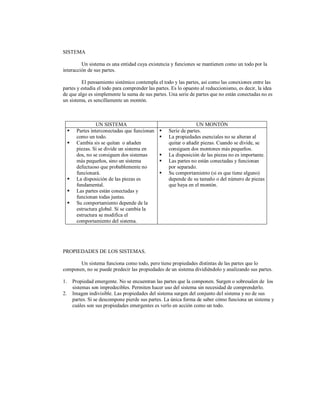 SISTEMA
Un sistema es una entidad cuya existencia y funciones se mantienen como un todo por la
interacción de sus partes.
El pensamiento sistémico contempla el todo y las partes, así como las conexiones entre las
partes y estudia el todo para comprender las partes. Es lo opuesto al reduccionismo, es decir, la idea
de que algo es simplemente la suma de sus partes. Una serie de partes que no están conectadas no es
un sistema, es sencillamente un montón.
UN SISTEMA UN MONTÓN
 Partes interconectadas que funcionan
como un todo.
 Cambia sis se quitan o añaden
piezas. Si se divide un sistema en
dos, no se consiguen dos sistemas
más pequeños, sino un sistema
defectuoso que probablemente no
funcionará.
 La disposición de las piezas es
fundamental.
 Las partes están conectadas y
funcionan todas juntas.
 Su comportamiento depende de la
estructura global. Si se cambia la
estructura se modifica el
comportamiento del sistema.
 Serie de partes.
 La propiedades esenciales no se alteran al
quitar o añadir piezas. Cuando se divide, se
consiguen dos montones más pequeños.
 La disposición de las piezas no es importante.
 Las partes no están conectadas y funcionan
por separado.
 Su comportamiento (si es que tiene alguno)
depende de su tamaño o del número de piezas
que haya en el montón.
PROPIEDADES DE LOS SISTEMAS.
Un sistema funciona como todo, pero tiene propiedades distintas de las partes que lo
componen, no se puede predecir las propiedades de un sistema dividiéndolo y analizando sus partes.
1. Propiedad emergente. No se encuentran las partes que la componen. Surgen o sobresalen de los
sistemas son impredecibles. Permiten hacer uso del sistema sin necesidad de comprenderlo.
2. Imagen indivisible. Las propiedades del sistema surgen del conjunto del sistema y no de sus
partes. Si se descompone pierde sus partes. La única forma de saber cómo funciona un sistema y
cuáles son sus propiedades emergentes es verlo en acción como un todo.
 