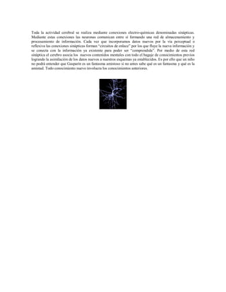 Toda la actividad cerebral se realiza mediante conexiones electro-químicas denominadas sinápticas.
Mediante estas conexiones las neuronas comunican entre sí formando una red de almacenamiento y
procesamiento de información. Cada vez que incorporamos datos nuevos por la vía perceptual o
reflexiva las conexiones sinápticas forman “circuitos de enlace” por los que fluye la nueva información y
se conecta con la información ya existente para poder ser “comprendida”. Por medio de esta red
sináptica el cerebro asocia los nuevos contenidos mentales con todo el bagaje de conocimientos previos
logrando la asimilación de los datos nuevos a nuestros esquemas ya establecidos. Es por ello que un niño
no podrá entender que Gasparín es un fantasma amistoso si no antes sabe qué es un fantasma y qué es la
amistad. Todo conocimiento nuevo involucra los conocimientos anteriores.
 