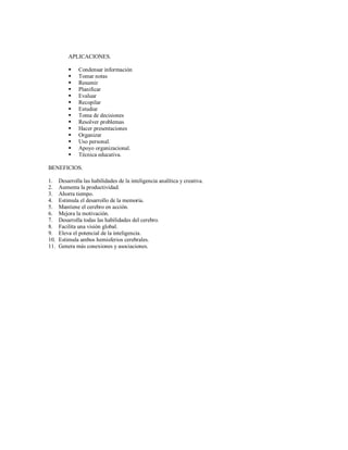 APLICACIONES.
 Condensar información
 Tomar notas
 Resumir
 Planificar
 Evaluar
 Recopilar
 Estudiar
 Toma de decisiones
 Resolver problemas
 Hacer presentaciones
 Organizar
 Uso personal.
 Apoyo organizacional.
 Técnica educativa.
BENEFICIOS.
1. Desarrolla las habilidades de la inteligencia analítica y creativa.
2. Aumenta la productividad.
3. Ahorra tiempo.
4. Estimula el desarrollo de la memoria.
5. Mantiene el cerebro en acción.
6. Mejora la motivación.
7. Desarrolla todas las habilidades del cerebro.
8. Facilita una visión global.
9. Eleva el potencial de la inteligencia.
10. Estimula ambos hemisferios cerebrales.
11. Genera más conexiones y asociaciones.
 