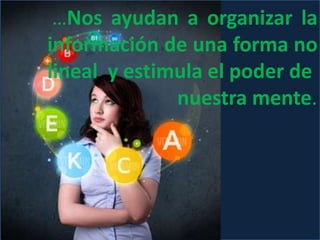 …Nos ayudan a organizar la
información de una forma no
lineal y estimula el poder de
nuestra mente.

 
