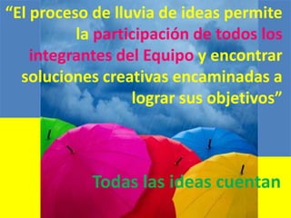 “El proceso de lluvia de ideas permite
la participación de todos los
integrantes del Equipo y encontrar
soluciones creativas encaminadas a
lograr sus objetivos”

Todas las ideas cuentan

 