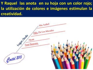 Y Raquel las anota en su hoja con un color rojo;
la utilización de colores e imágenes estimulan la
creatividad.

 