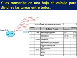 Y las transcribe en una hoja de cálculo para
dividirse las tareas entre todos.

 