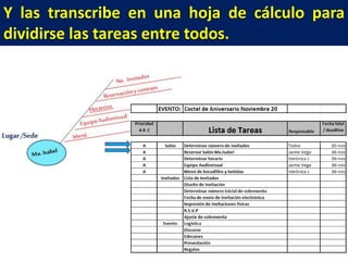 Y las transcribe en una hoja de cálculo para
dividirse las tareas entre todos.

 