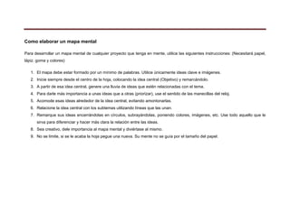  
 

Como elaborar un mapa mental
Para desarrollar un mapa mental de cualquier proyecto que tenga en mente, utilice las siguientes instrucciones: (Necesitará papel,
lápiz. goma y colores)
1. El mapa debe estar formado por un mínimo de palabras. Utilice únicamente ideas clave e imágenes.
2. Inicie siempre desde el centro de la hoja, colocando la idea central (Objetivo) y remarcándolo.
3. A partir de esa idea central, genere una lluvia de ideas que estén relacionadas con el tema.
4. Para darle más importancia a unas ideas que a otras (priorizar), use el sentido de las manecillas del reloj.
5. Acomode esas ideas alrededor de la idea central, evitando amontonarlas.
6. Relacione la idea central con los subtemas utilizando líneas que las unan.
7. Remarque sus ideas encerrándolas en círculos, subrayándolas, poniendo colores, imágenes, etc. Use todo aquello que le
sirva para diferenciar y hacer más clara la relación entre las ideas.
8. Sea creativo, dele importancia al mapa mental y diviértase al mismo.
9. No se limite, si se le acaba la hoja pegue una nueva. Su mente no se guía por el tamaño del papel.

 