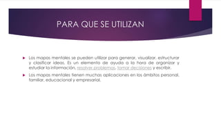 PARA QUE SE UTILIZAN
 Los mapas mentales se pueden utilizar para generar, visualizar, estructurar
y clasificar ideas. Es un elemento de ayuda a la hora de organizar y
estudiar la información, resolver problemas, tomar decisiones y escribir.
 Los mapas mentales tienen muchas aplicaciones en los ámbitos personal,
familiar, educacional y empresarial,
 