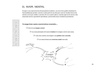 EL MAPA MENTAL
El mapa es una representación del pensamiento irradiante, con esta técnica gráfica simulamos la
funcionalidad que permite a nuestro cerebro partir de una idea para conectar (irradiar) hacia otras
muchas con las que establece conexión. Por eso se puede aplicar a muchos aspectos de nuestra vida,
mejorando nuestra capacidad de aprendizaje y potenciando mayor claridad de pensamiento.
Un mapa tiene cuatro características esenciales…
❍ Parte de una imagen central.
❍ Los temas principales del asunto irradian de la imagen central como ramas.
❍ Cada rama contiene una imagen o una palabra clave asociada.
❍ Las ramas forman una estructura nodal conectada.
20
 