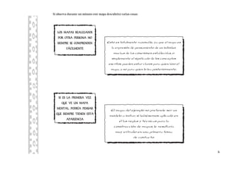 Si observa durante un minuto este mapa descubrirá varias cosas:
6
L
Lo
os
s m
ma
ap
pa
as
s r
re
ea
al
li
iz
za
ad
do
os
s
p
po
or
r o
ot
tr
ra
a p
pe
er
rs
so
on
na
a n
no
o
s
si
ie
em
mp
pr
re
e s
se
e c
co
om
mp
pr
re
en
nd
de
en
n
f
fÁ
Ác
ci
il
lm
me
en
nt
te
e
Esto es totalmente razonable, ya que el mapa es
la expresión de pensamiento de un individuo,
muchas de las conexiones establecidas, o
simplemente el significado de los conceptos
escritos, pueden estar claros para quien hizo el
mapa, y no para quien lo lea posteriormente.
S
Si
i e
es
s l
la
a p
pr
ri
im
me
er
ra
a v
ve
ez
z
q
qu
ue
e v
ve
e u
un
n m
ma
ap
pa
a
m
me
en
nt
ta
al
l,, p
po
od
dr
rÍ
Ía
a p
pe
en
ns
sa
ar
r
q
qu
ue
e s
si
ie
em
mp
pr
re
e t
ti
ie
en
ne
en
n e
es
st
ta
a
a
ap
pa
ar
ri
ie
en
nc
ci
ia
a
El mapa del ejemplo no pretende ser un
modelo a imitar; si hubiésemos aplicado en
él las reglas y técnicas para la
construcción de mapas, le resultaría
muy extraño en una primera toma
de contacto.
 