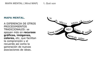 MAPA MENTAL.
A DIFERENCIA DE OTROS
PROCEDIMIENTOS
TRADICIONALES: se
apoyan más en recursos
gráficos, imágenes,
colores, etc. que facilitan
la comprensión y el
recuerdo así como la
generación de nuevas
asociaciones de ideas.
MAPA MENTAL ( Mind MAP) 1. Qué son
 