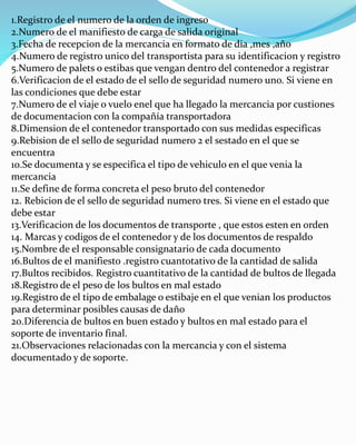 1.Registro de el numero de la orden de ingreso
2.Numero de el manifiesto de carga de salida original
3.Fecha de recepcion de la mercancia en formato de dia ,mes ,año
4.Numero de registro unico del transportista para su identificacion y registro
5.Numero de palets o estibas que vengan dentro del contenedor a registrar
6.Verificacion de el estado de el sello de seguridad numero uno. Si viene en
las condiciones que debe estar
7.Numero de el viaje o vuelo enel que ha llegado la mercancia por custiones
de documentacion con la compañía transportadora
8.Dimension de el contenedor transportado con sus medidas especificas
9.Rebision de el sello de seguridad numero 2 el sestado en el que se
encuentra
10.Se documenta y se especifica el tipo de vehiculo en el que venia la
mercancia
11.Se define de forma concreta el peso bruto del contenedor
12. Rebicion de el sello de seguridad numero tres. Si viene en el estado que
debe estar
13.Verificacion de los documentos de transporte , que estos esten en orden
14. Marcas y codigos de el contenedor y de los documentos de respaldo
15.Nombre de el responsable consignatario de cada documento
16.Bultos de el manifiesto .registro cuantotativo de la cantidad de salida
17.Bultos recibidos. Registro cuantitativo de la cantidad de bultos de llegada
18.Registro de el peso de los bultos en mal estado
19.Registro de el tipo de embalage o estibaje en el que venian los productos
para determinar posibles causas de daño
20.Diferencia de bultos en buen estado y bultos en mal estado para el
soporte de inventario final.
21.Observaciones relacionadas con la mercancia y con el sistema
documentado y de soporte.
 