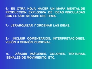6.-  EN  OTRA  HOJA  HACER  UN  MAPA  MENTAL DE PRODUCCIÓN  EXPLOSIVA  DE  IDEAS VINCULADAS CON LO QUE SE SABE DEL TEMA. 7.-  JERARQUIZAR Y ORDENAR LAS IDEAS. 9.-  AÑADIR IMÁGENES, COLORES, TEXTURAS, SEÑALES DE MOVIMIENTO, ETC. 8.-  INCLUIR COMENTARIOS, INTERPRETACIONES, VISIÓN U OPINIÓN PERSONAL. 