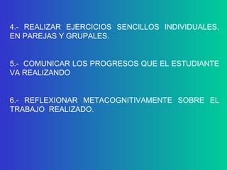 4.-  REALIZAR  EJERCICIOS  SENCILLOS  INDIVIDUALES, EN PAREJAS Y GRUPALES. 5.-  COMUNICAR LOS PROGRESOS QUE EL ESTUDIANTE VA REALIZANDO 6.-  REFLEXIONAR  METACOGNITIVAMENTE  SOBRE  EL TRABAJO  REALIZADO. 